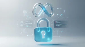 Graphical representation of digital security featuring a transparent padlock and the Meta logo in a glassmorphism style