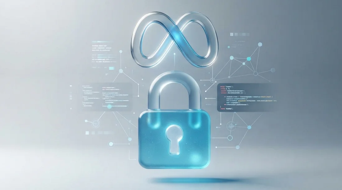 Graphical representation of digital security featuring a transparent padlock and the Meta logo in a glassmorphism style