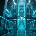Data center room interior with server racks and Intel financial growth charts