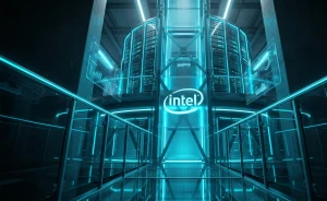 Data center room interior with server racks and Intel financial growth charts