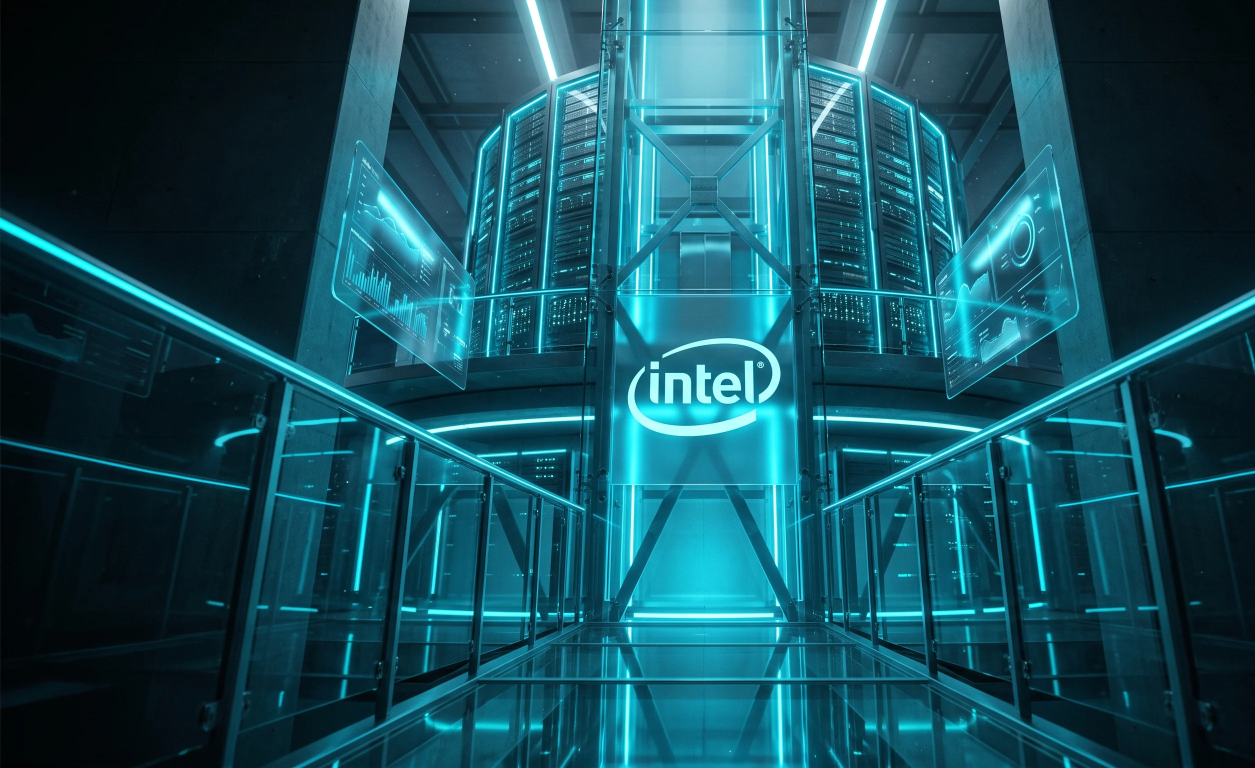 Data center room interior with server racks and Intel financial growth charts