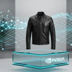 Iconic leather jacket of Jensen Huang displayed on a custom glass pedestal with NVIDIA branding