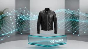 Iconic leather jacket of Jensen Huang displayed on a custom glass pedestal with NVIDIA branding