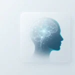 Conceptual visualization of Meta's non-invasive neural interface - shimmering digital neural pathways connect to a human head profile in Glassmorphism style.