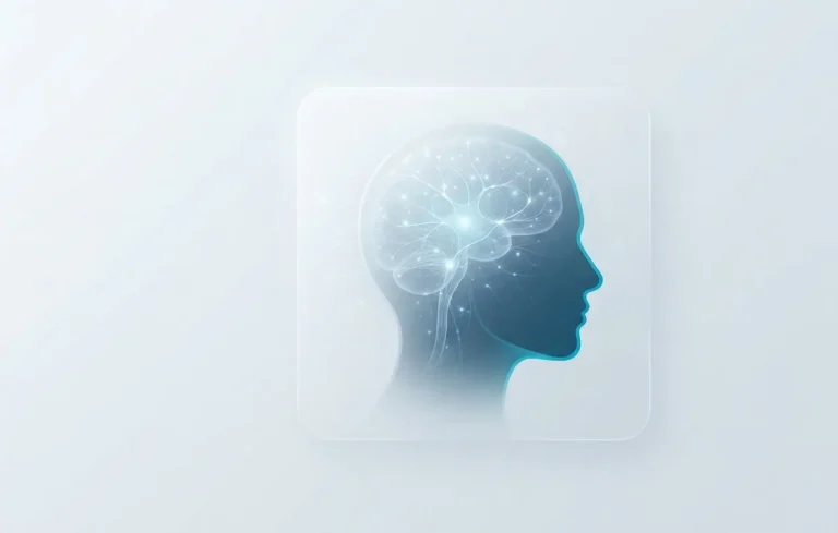 Conceptual visualization of Meta's non-invasive neural interface - shimmering digital neural pathways connect to a human head profile in Glassmorphism style.