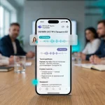 Microsoft Teams Facilitator app interface on a smartphone screen during an office meeting