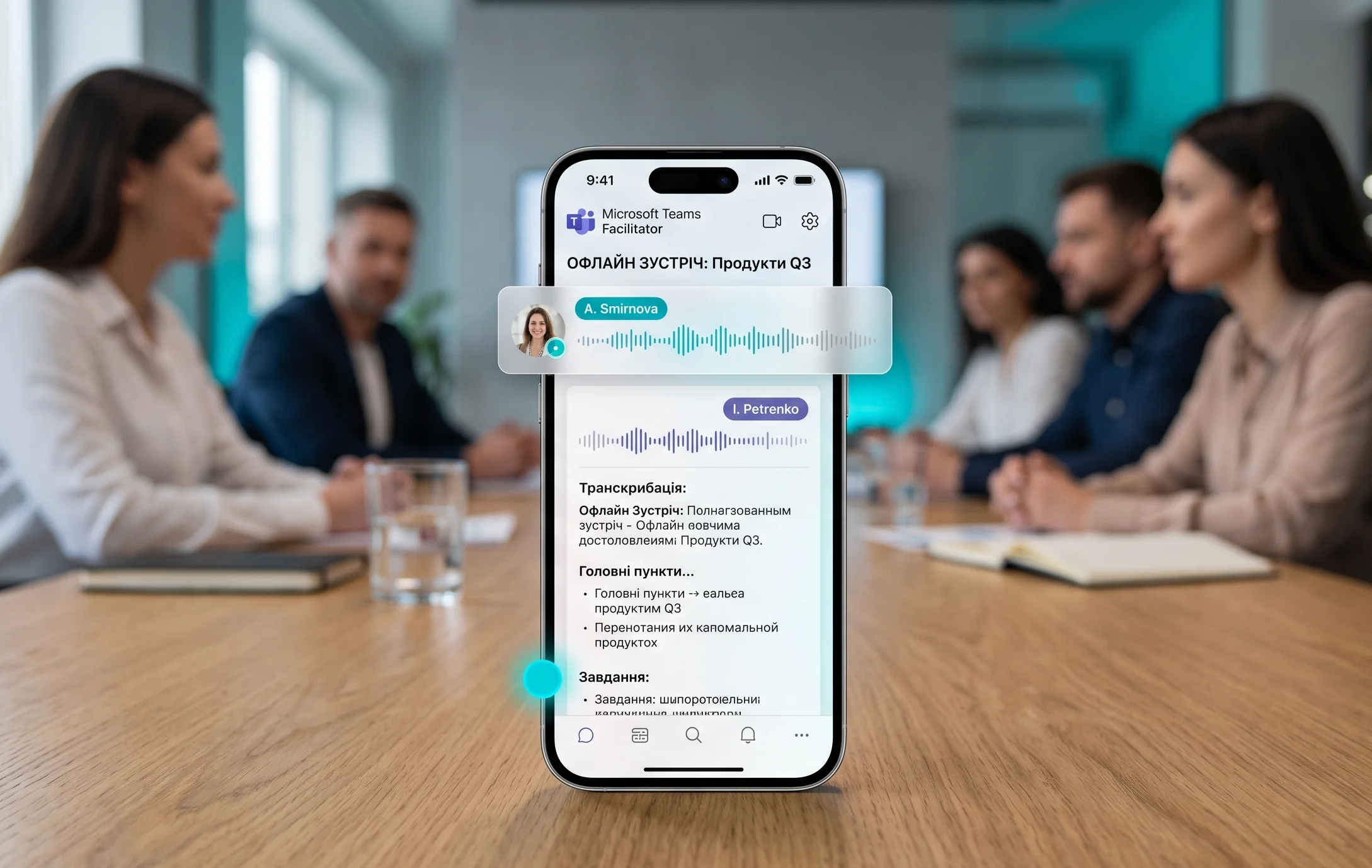Microsoft Teams Facilitator app interface on a smartphone screen during an office meeting