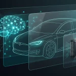 Conceptual modern vehicle cockpit rendering with semi-transparent display showing automotive neural networks in glassmorphism style