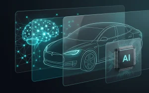 Conceptual modern vehicle cockpit rendering with semi-transparent display showing automotive neural networks in glassmorphism style