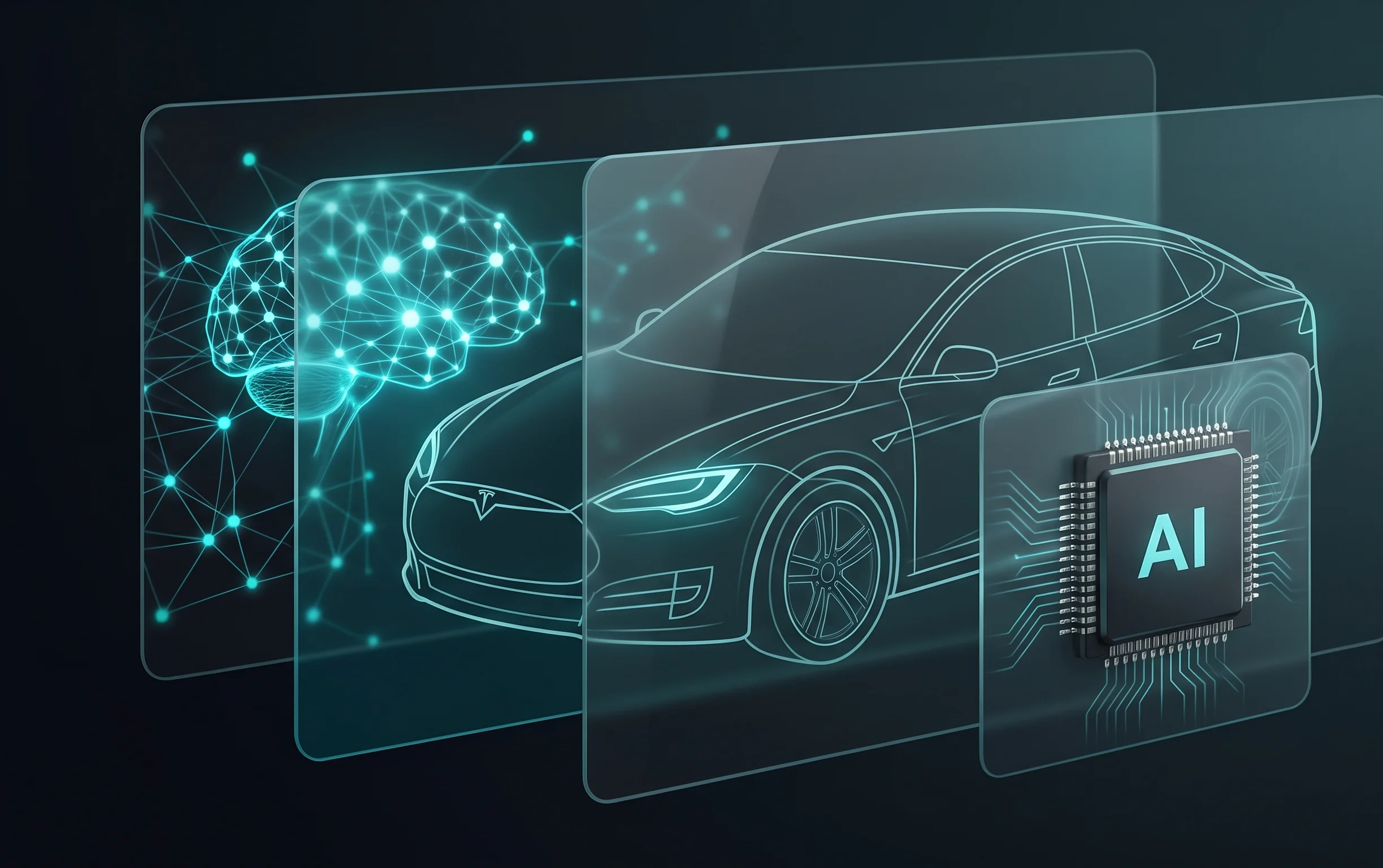 Conceptual modern vehicle cockpit rendering with semi-transparent display showing automotive neural networks in glassmorphism style