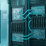 Data center server racks equipped with NVIDIA liquid cooling system