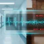 Graphic of heartbeat transitioning to failure against hospital and courtroom background, symbolizing OpenAI medical advice lawsuit.