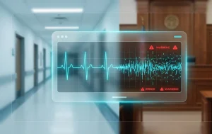 Graphic of heartbeat transitioning to failure against hospital and courtroom background, symbolizing OpenAI medical advice lawsuit.