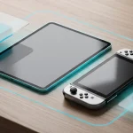 Minimalistic wooden desk with tablet and gaming console