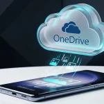 Samsung smartphone lying on a table showing photo transfer interface to OneDrive cloud