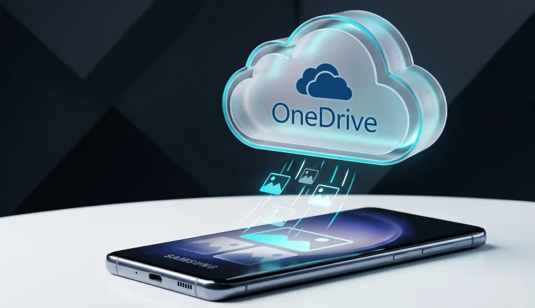 Samsung smartphone lying on a table showing photo transfer interface to OneDrive cloud