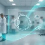 Conceptual representation of Science Corporation's PRIMA subretinal chip against a human eye within a modern medical laboratory environment
