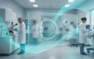 Conceptual representation of Science Corporation's PRIMA subretinal chip against a human eye within a modern medical laboratory environment