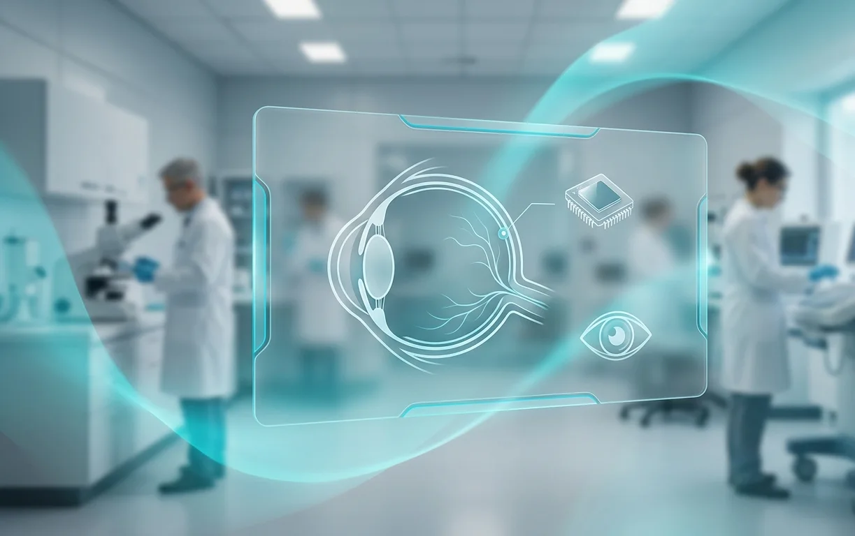 Conceptual representation of Science Corporation's PRIMA subretinal chip against a human eye within a modern medical laboratory environment