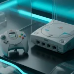 Консоль Sega Dreamcast з геймпадом на тлі стилізованого підсвічування
