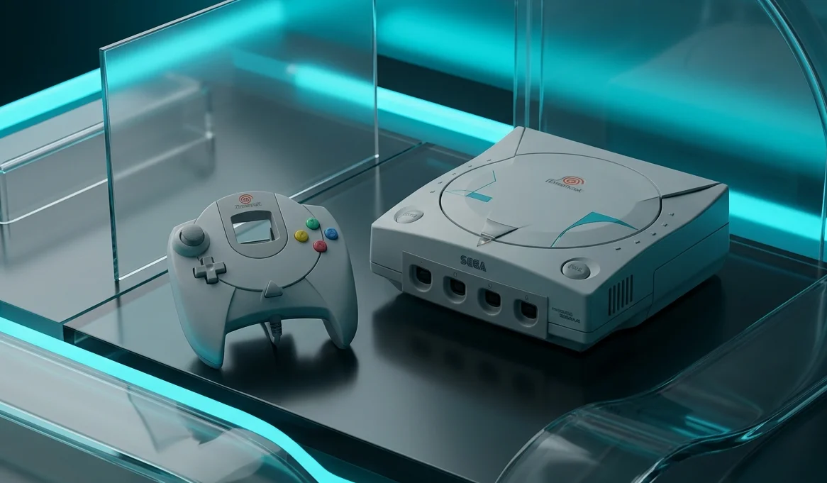 Консоль Sega Dreamcast з геймпадом на тлі стилізованого підсвічування