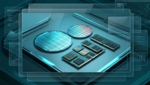 Conceptual photo demonstrating SK Hynix DRAM semiconductor manufacturing and memory microchips