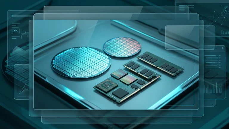 Conceptual photo demonstrating SK Hynix DRAM semiconductor manufacturing and memory microchips