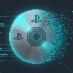 Conceptual image of a PlayStation disc dissolving into digital code against a glassmorphism style interface