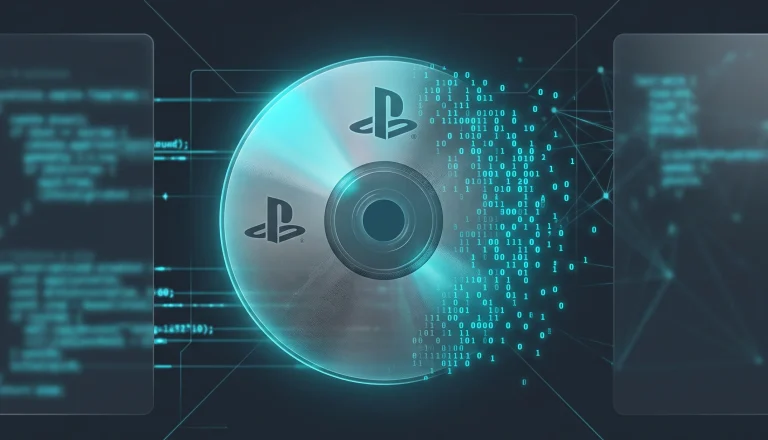 Conceptual image of a PlayStation disc dissolving into digital code against a glassmorphism style interface