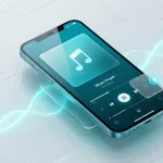 A music player interface on a smartphone screen featuring voice-activated AI assistant elements