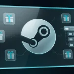 Steam platform UI showcasing guest gifting options and organized wishlist categories in a glassmorphism style