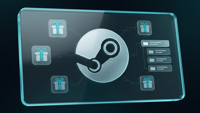 Steam platform UI showcasing guest gifting options and organized wishlist categories in a glassmorphism style