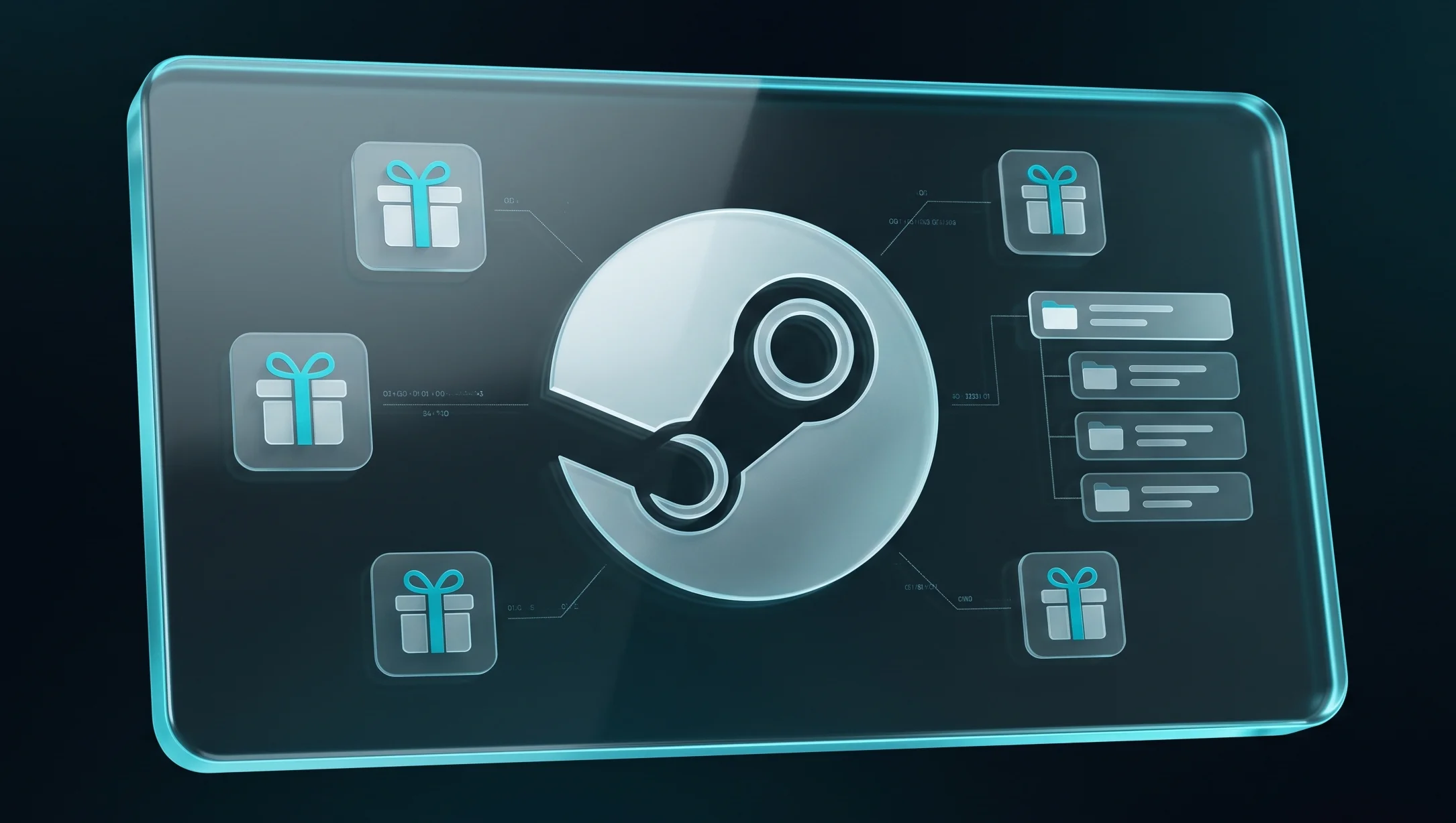Steam platform UI showcasing guest gifting options and organized wishlist categories in a glassmorphism style