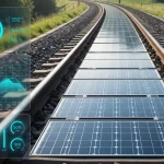 Railway track with solar panels installed between the rails and diagnostic graphic interfaces