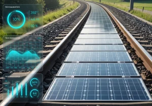 Railway track with solar panels installed between the rails and diagnostic graphic interfaces