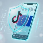 Editorial news illustration about TikTok digital security in the EU: a stylized shield with the TikTok logo protecting a smartphone with interface and EU flag. Modern tech aesthetics.