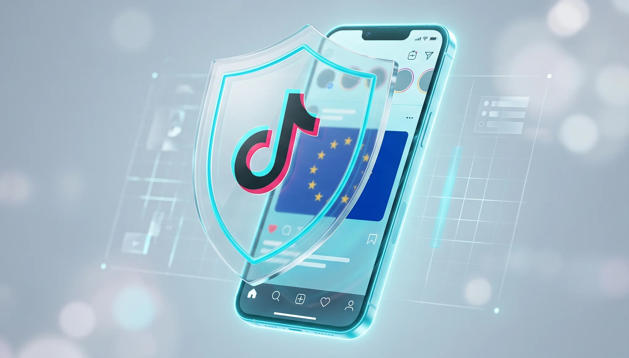 Editorial news illustration about TikTok digital security in the EU: a stylized shield with the TikTok logo protecting a smartphone with interface and EU flag. Modern tech aesthetics.
