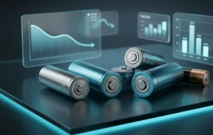 Varta battery cells with glassmorphism styled financial charts