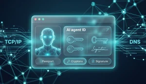 Digital identity interface for an AI agent featuring cryptographic keys, linked with TCP/IP and DNS indicators