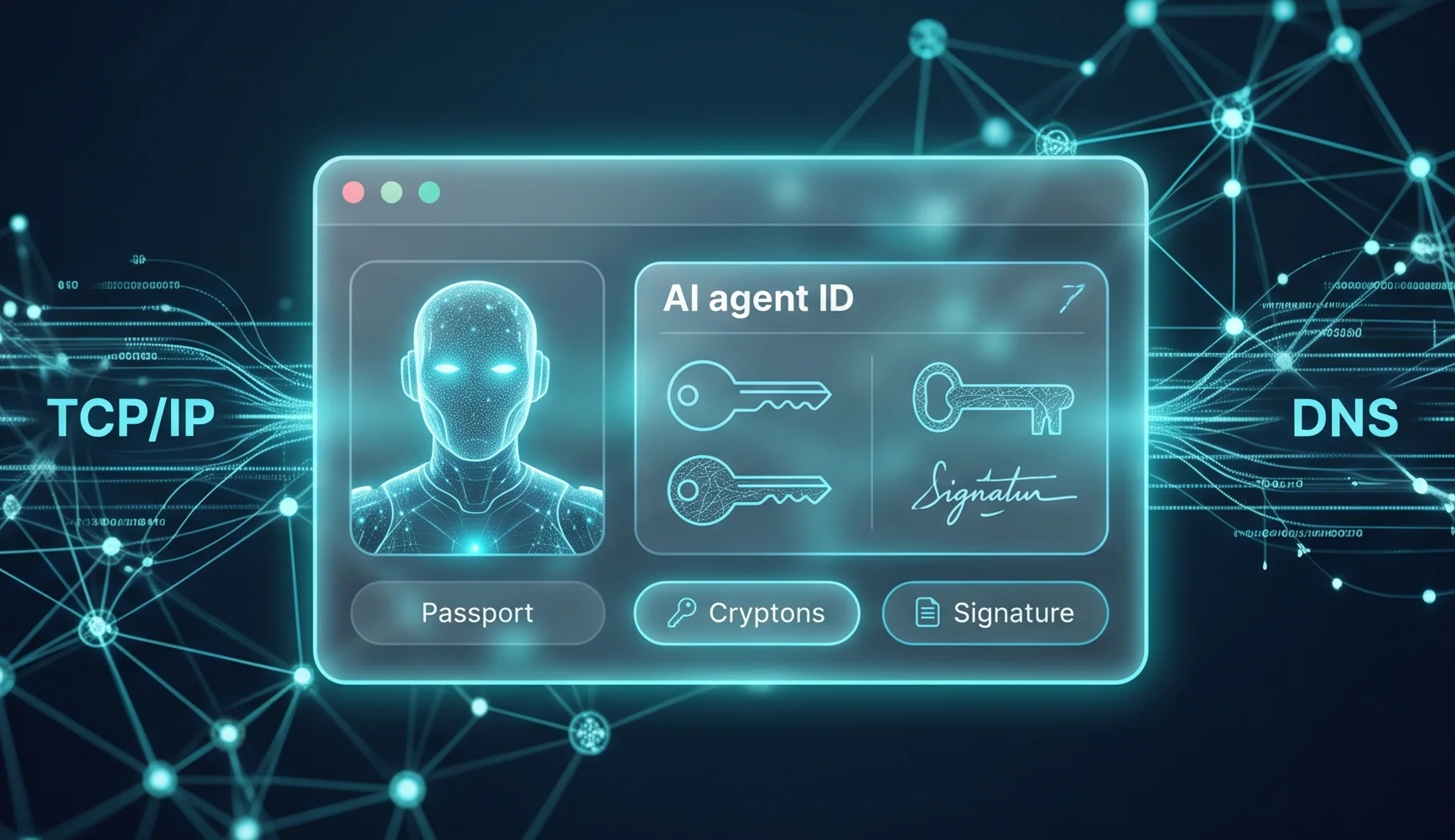 Digital identity interface for an AI agent featuring cryptographic keys, linked with TCP/IP and DNS indicators