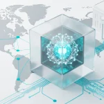Conceptual technology image representing AI regulation by the White House, featuring a neural network in a glass cube over a world map