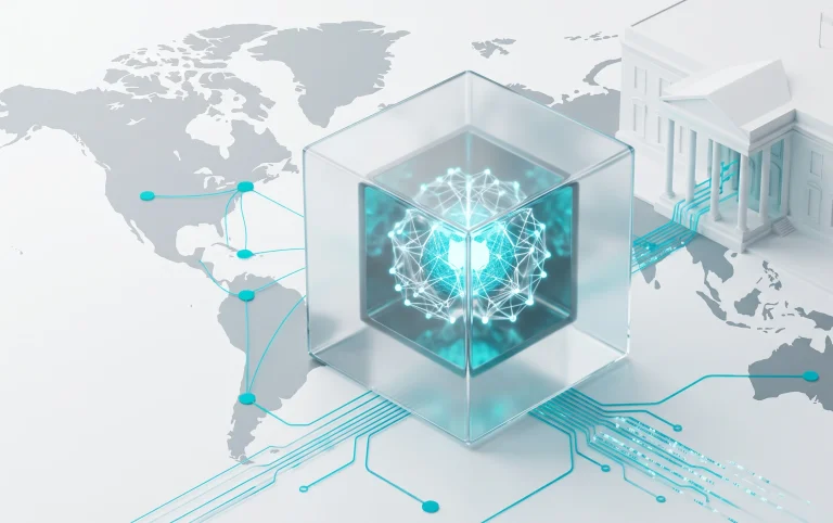 Conceptual technology image representing AI regulation by the White House, featuring a neural network in a glass cube over a world map