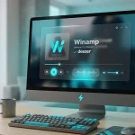Інтерфейс нового музичного плеєра Winamp з логотипом Deezer на моніторі
