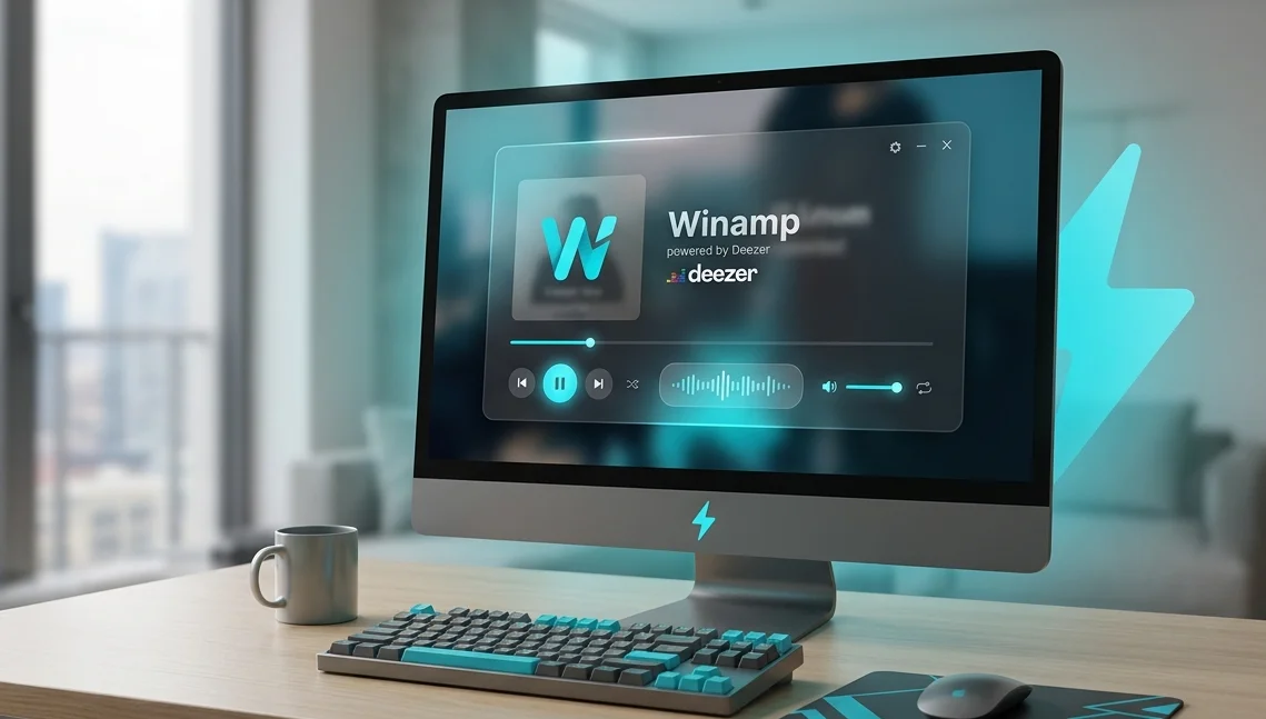 Modern Winamp player interface with Deezer logo displayed on a computer screen