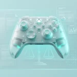 Transparent frosted glass Xbox controller with neon lighting over abstract digital scales of justice