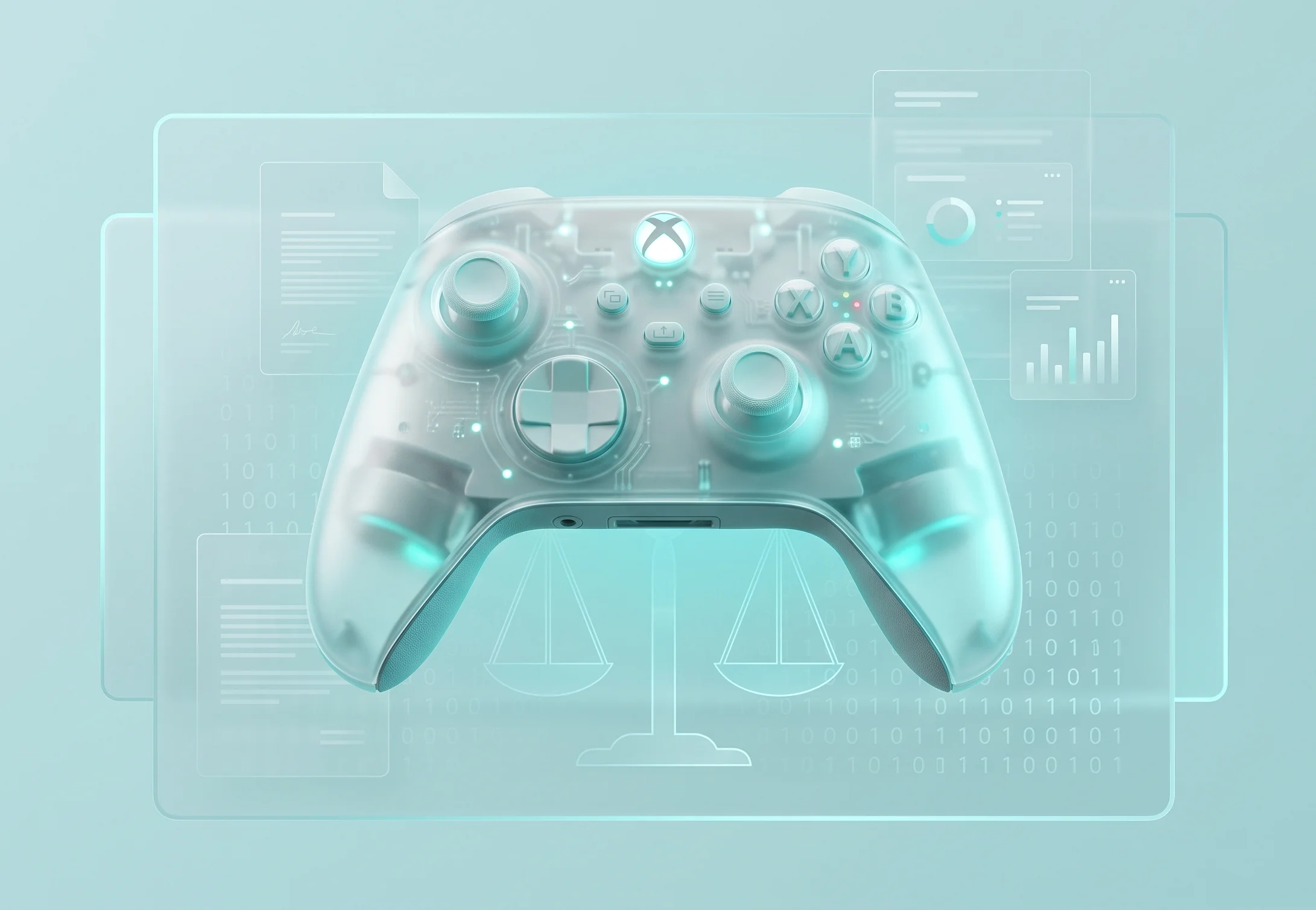 Transparent frosted glass Xbox controller with neon lighting over abstract digital scales of justice