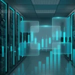 Серверне обладнання дата-центру з абстрактним графіком фінансових показників у блакитних тонах