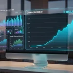 Голографічний графік статистики завантажень ШІ-моделей Alibaba на фоні сучасного серверного приміщення