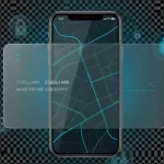 Сучасний смартфон з елементами захисту та географічними координатами на екрані