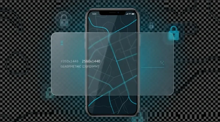 Modern smartphone with security elements and geographic coordinates on screen